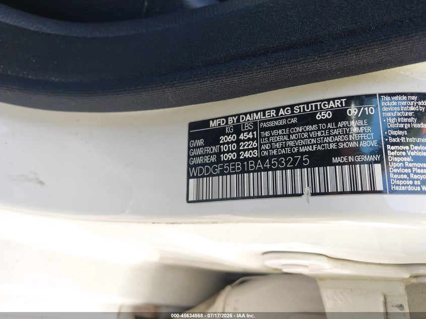 2011 Mercedes-Benz C 300 Luxury/Sport VIN: WDDGF5EB1BA453275 Lot: 45634568