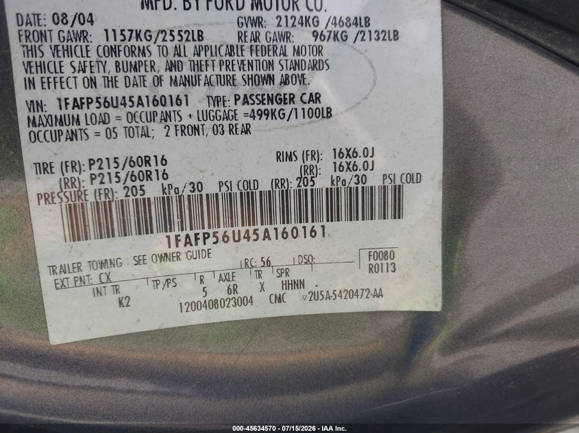 2005 Ford Taurus Sel VIN: 1FAFP56U45A160161 Lot: 45634570