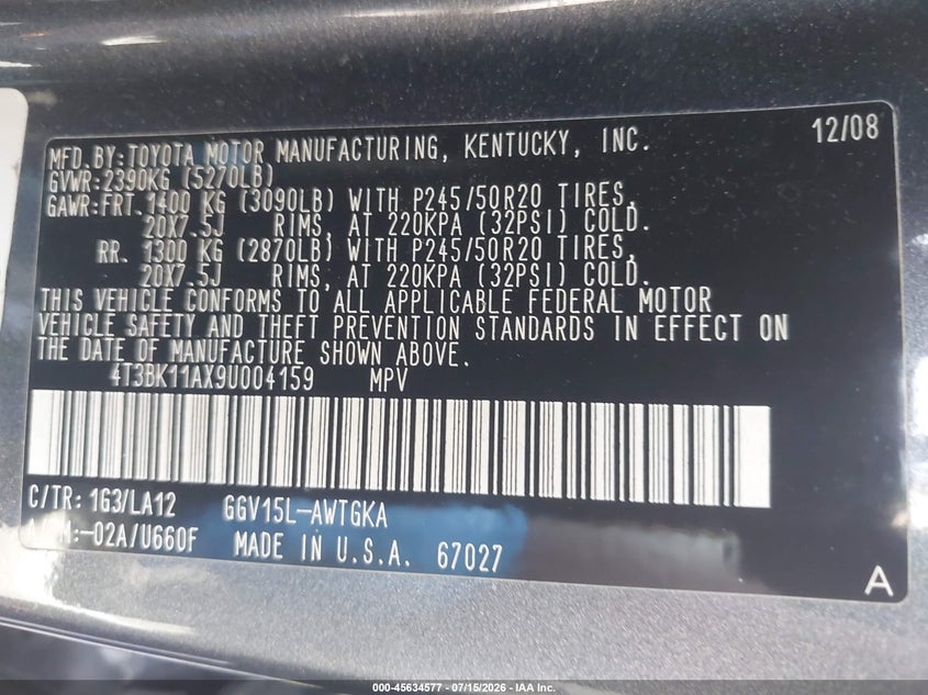 2009 Toyota Venza Base V6 VIN: 4T3BK11AX9U004159 Lot: 45634577