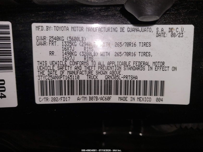 2023 Toyota Tacoma Trd Off Road VIN: 3TYCZ5ANXPT165110 Lot: 45634581