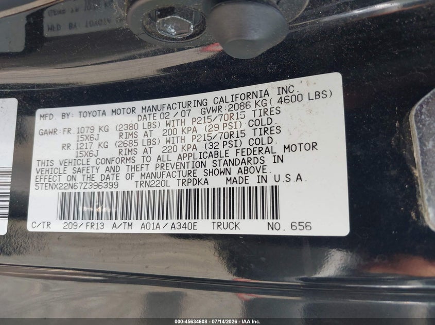 2007 Toyota Tacoma VIN: 5TENX22N67Z396399 Lot: 45634608