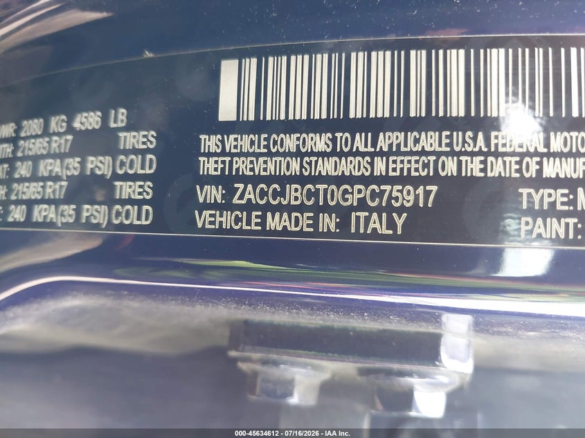 2016 Jeep Renegade Trailhawk VIN: ZACCJBCT0GPC75917 Lot: 45634612