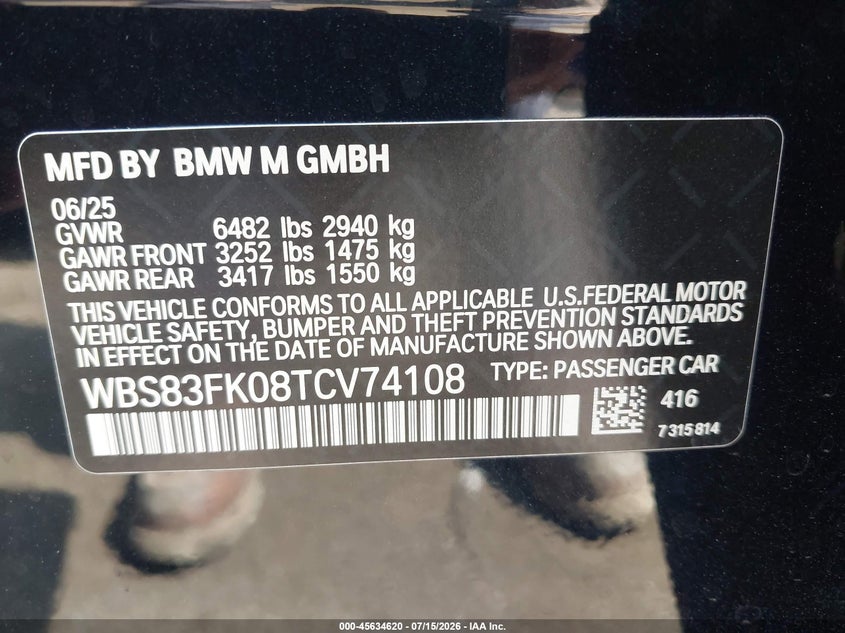 2026 BMW M5 VIN: WBS83FK08TCV74108 Lot: 45634620