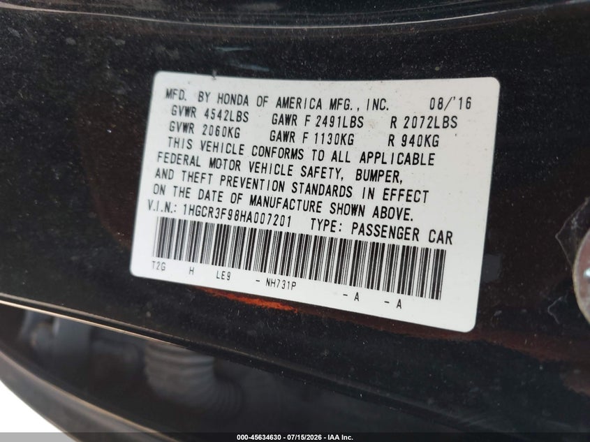 2017 Honda Accord Touring V6 VIN: 1HGCR3F98HA007201 Lot: 45634630