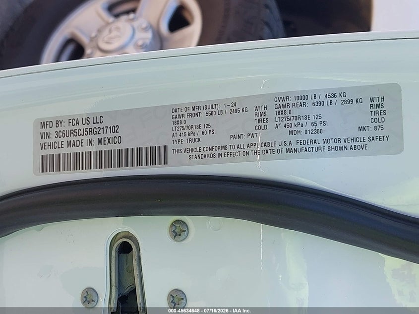 2024 Ram 2500 Tradesman 4X4 6'4 Box VIN: 3C6UR5CJ5RG217102 Lot: 45634648