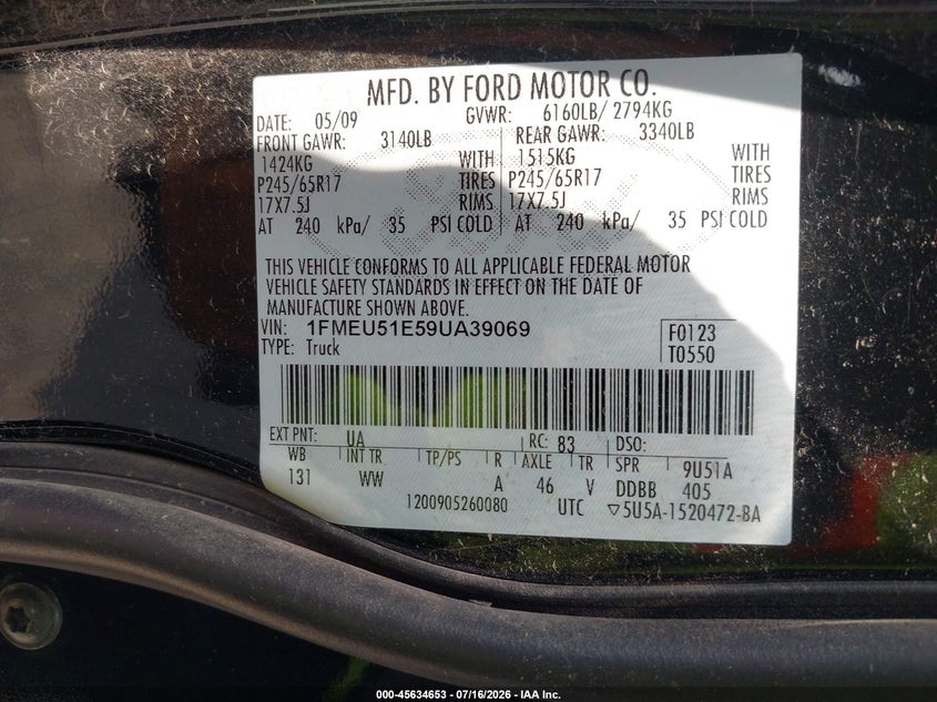 2009 Ford Explorer Sport Trac Xlt VIN: 1FMEU51E59UA39069 Lot: 45634653