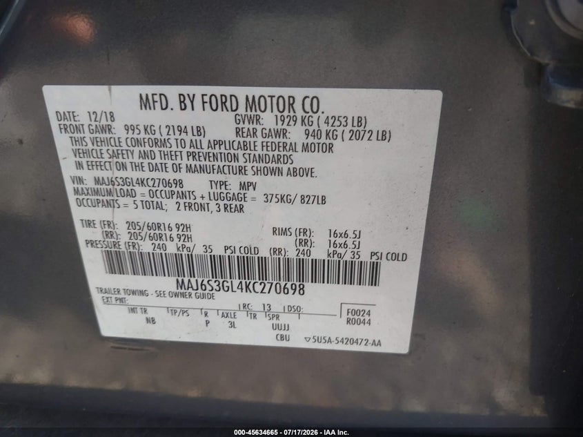 2019 Ford Ecosport Se VIN: MAJ6S3GL4KC270698 Lot: 45634665