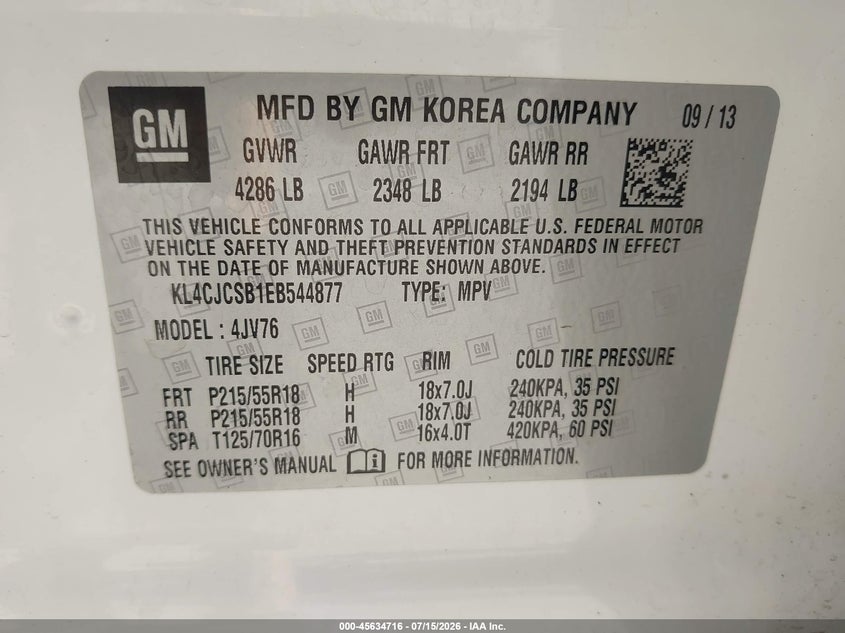 2014 Buick Encore Leather VIN: KL4CJCSB1EB544877 Lot: 45634716