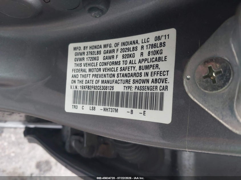 2012 Honda Civic Ex-L VIN: 19XFB2F92CE308126 Lot: 45634728