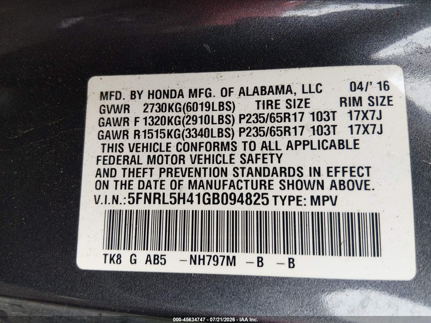 2016 Honda Odyssey Ex VIN: 5FNRL5H41GB094825 Lot: 45634747