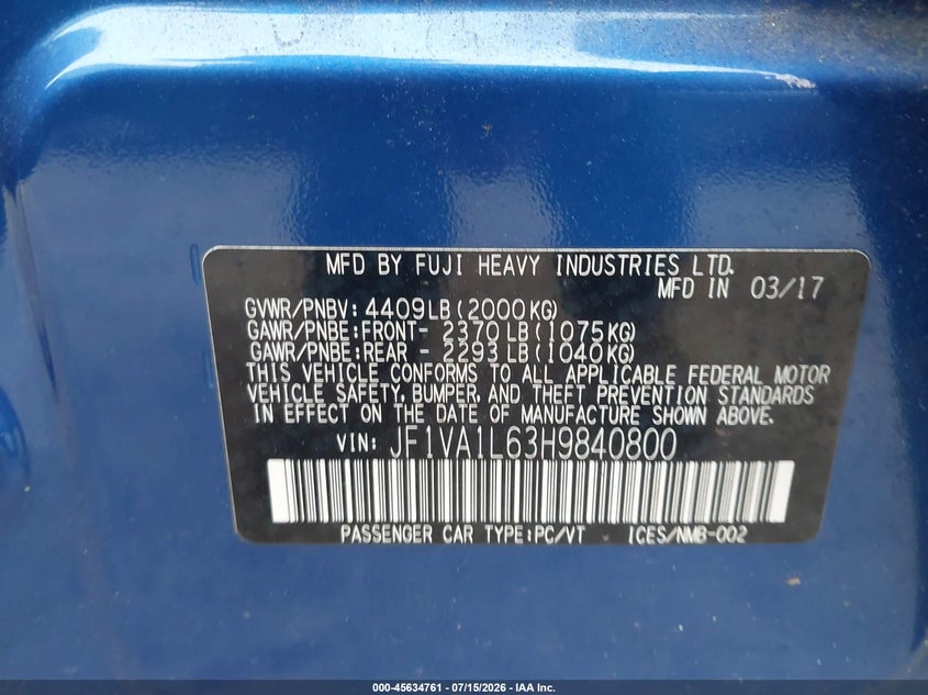 2017 Subaru Wrx Limited VIN: JF1VA1L63H9840800 Lot: 45634761