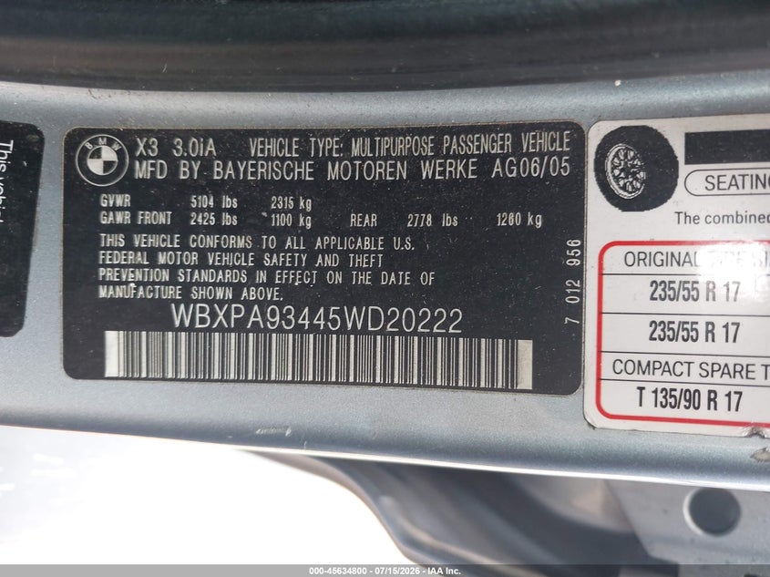 2005 BMW X3 3.0I VIN: WBXPA93445WD20222 Lot: 45634800