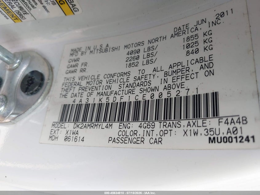 2012 Mitsubishi Eclipse Gs/Gs Sport/Se VIN: 4A31K5DF1CE005271 Lot: 45634810