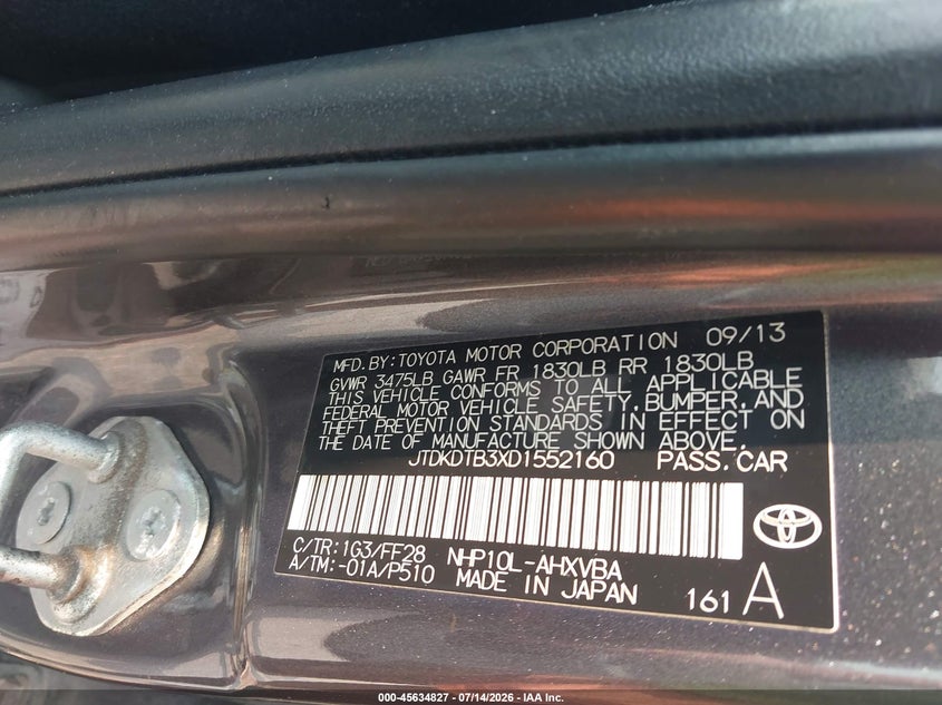 2013 Toyota Prius C Two VIN: JTDKDTB3XD1552160 Lot: 45634827