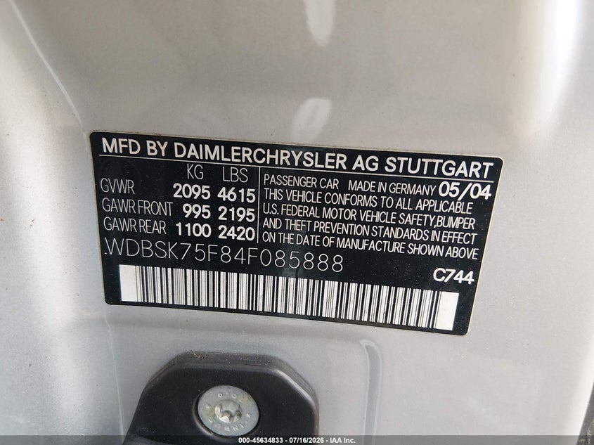 2005 Mercedes-Benz Sl 500 VIN: WDBSK75F65F085888 Lot: 45634833