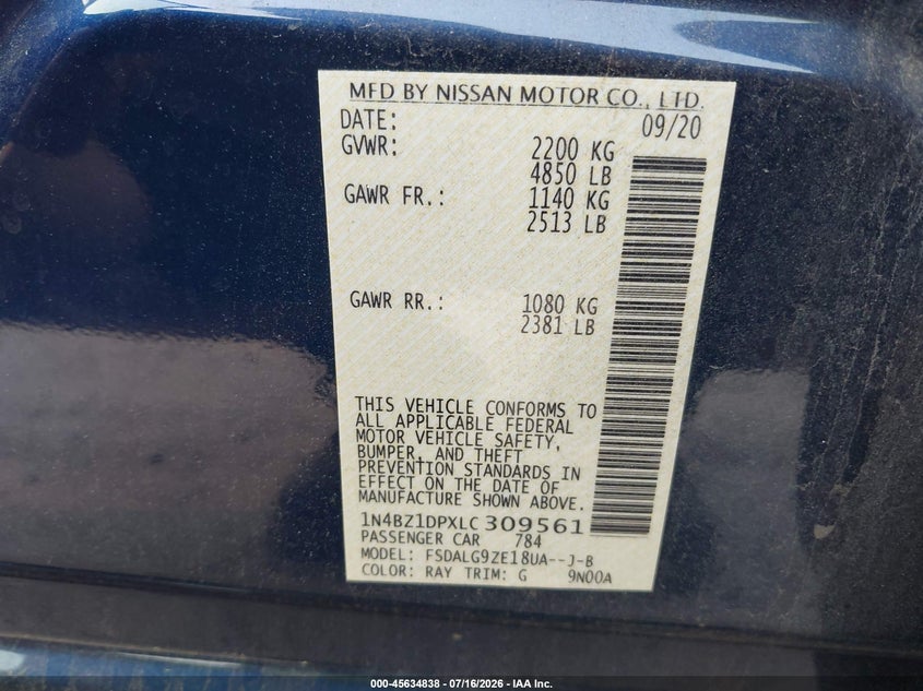 2020 Nissan Leaf Sl Plus 62 Kwh VIN: 1N4BZ1DPXLC309561 Lot: 45634838