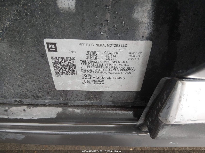2019 Chevrolet Bolt Ev Lt VIN: 1G1FY6S02K4126495 Lot: 45634857