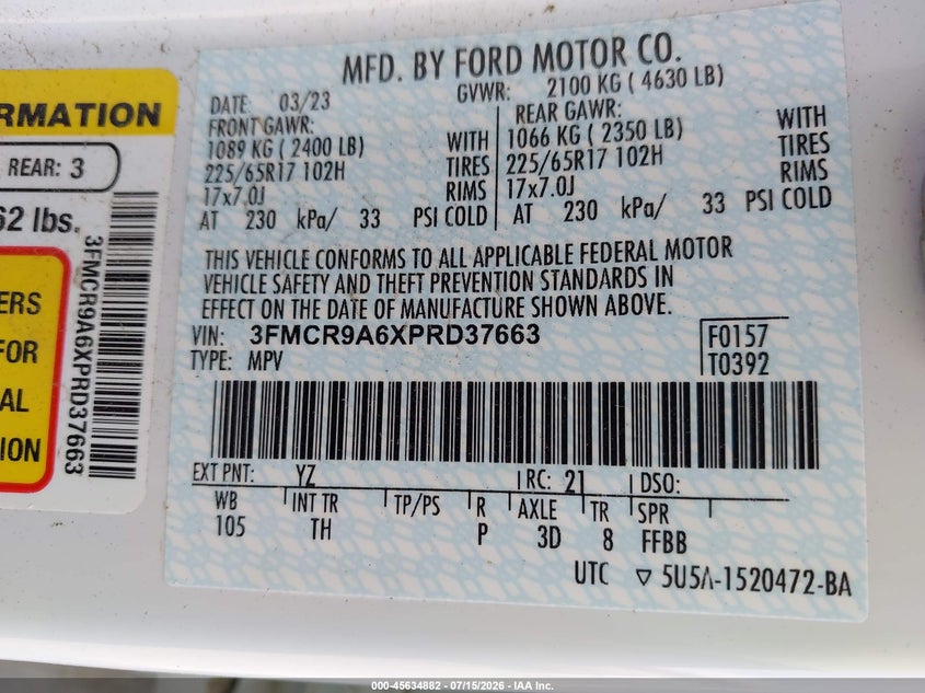 2023 Ford Bronco Sport VIN: 3FMCR9A6XPRD37663 Lot: 45634882