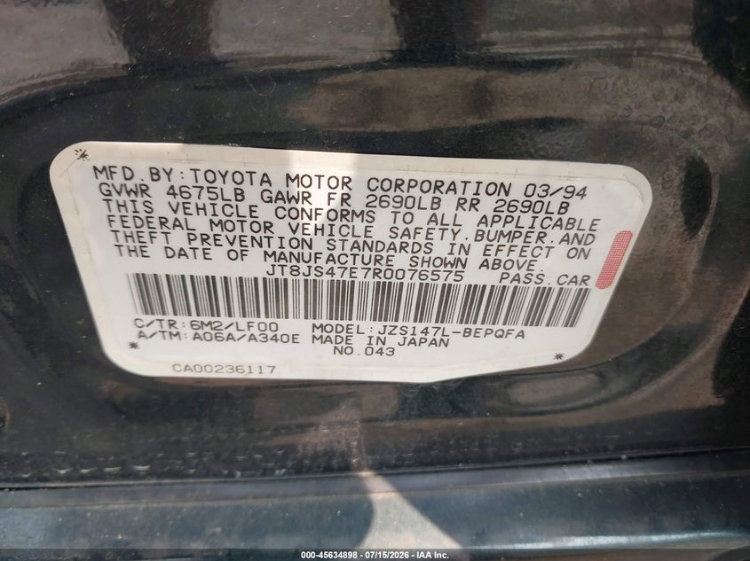 1994 Lexus Gs 300 VIN: JT8JS47E7R0076575 Lot: 45634898
