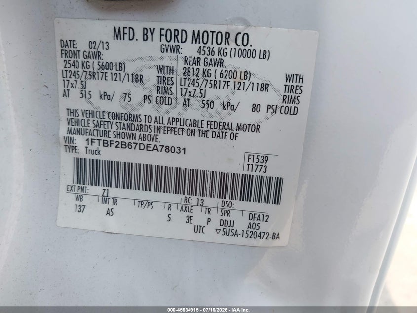 2013 Ford Super Duty F-250 Srw Xl/Xlt VIN: 1FTBF2B67DEA78031 Lot: 45634915