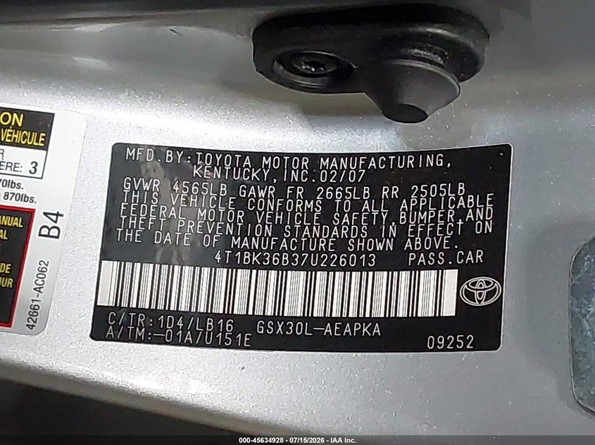 2007 Toyota Avalon Limited VIN: 4T1BK36B37U226013 Lot: 45634928