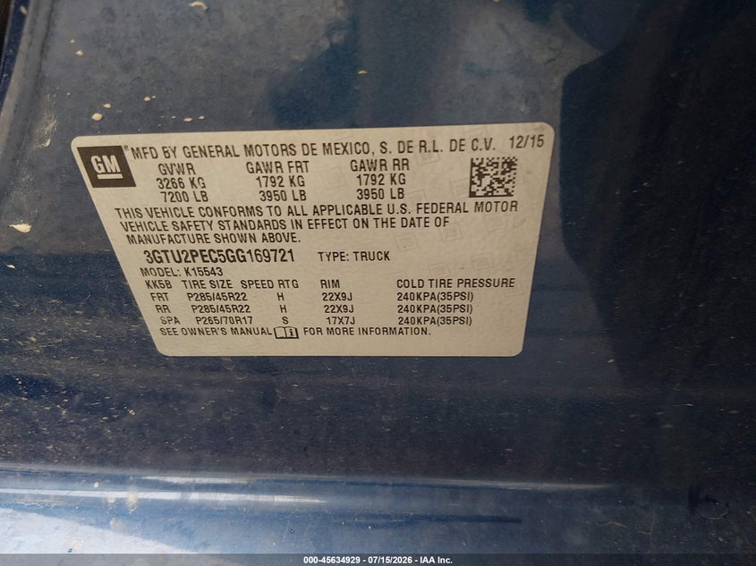 2016 GMC Sierra 1500 Denali VIN: 3GTU2PEC5GG169721 Lot: 45634929