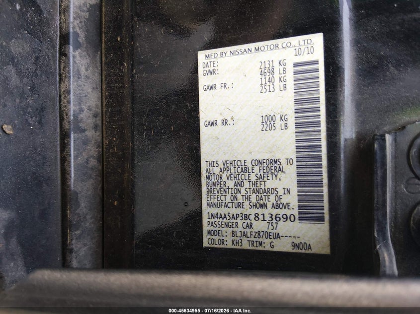 2011 Nissan Maxima 3.5 Sv VIN: 1N4AA5AP3BC813690 Lot: 45634955