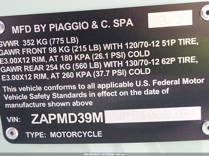 2023 Vespa Gts/Sei Giorni 300 VIN: ZAPMD39M4P5100935 Lot: 45635012