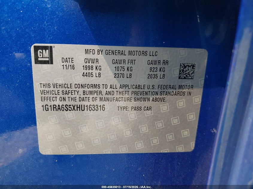 2017 Chevrolet Volt Lt VIN: 1G1RA6S5XHU163316 Lot: 45635013