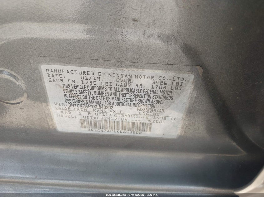 2019 Nissan Versa 1.6 Sv VIN: 3N1CN7AP1KL843202 Lot: 45635024