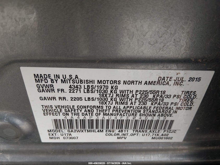 2015 Mitsubishi Outlander Sport Es VIN: 4A4AP3AU4FE046339 Lot: 45635028