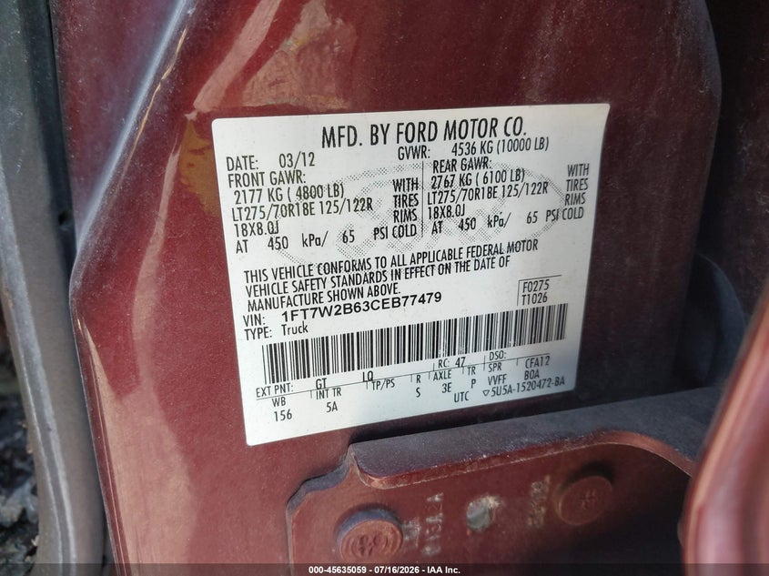 2012 Ford Super Duty F-250 Srw Lariat VIN: 1FT7W2B63CEB77479 Lot: 45635059