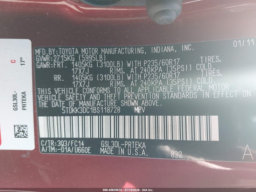 2011 Toyota Sienna Le V6 VIN: 5TDKK3DC1BS118728 Lot: 45635070