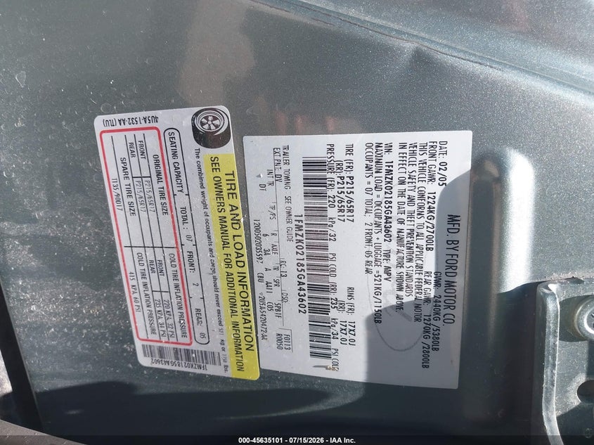 2005 Ford Freestyle Sel VIN: 1FMZK02185GA43602 Lot: 45635101