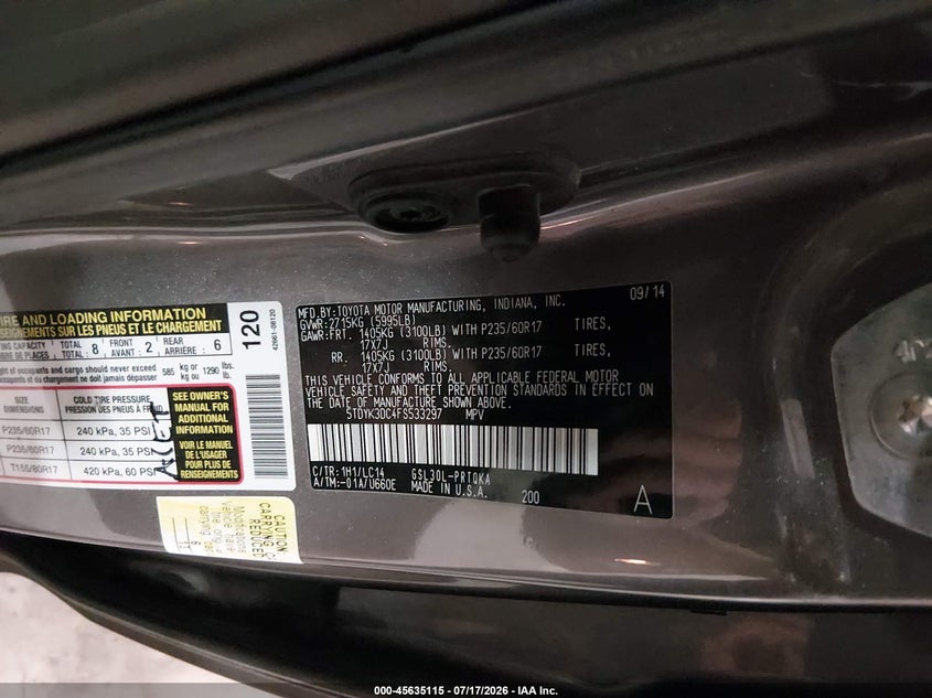 2015 Toyota Sienna Xle Premium 8 Passenger VIN: 5TDYK3DC4FS533297 Lot: 45635115