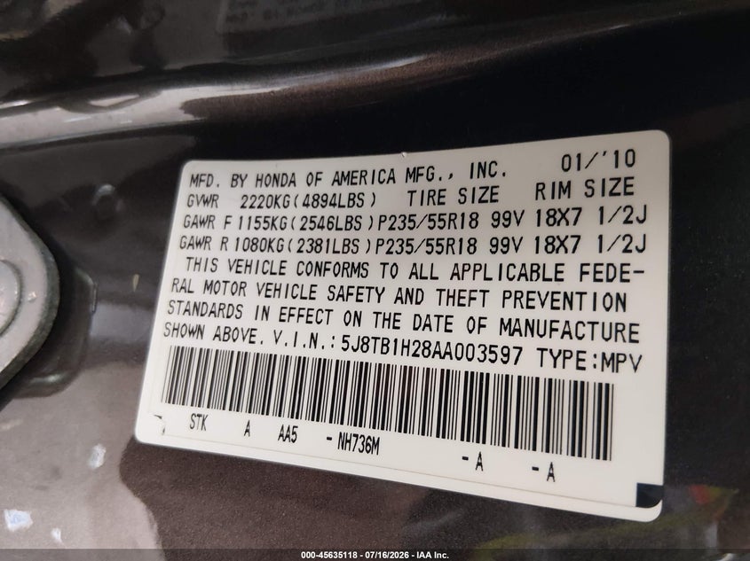 2010 Acura Rdx VIN: 5J8TB1H28AA003597 Lot: 45635118
