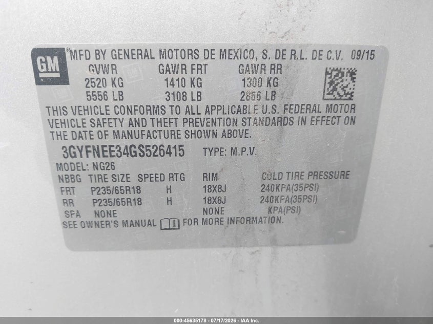 2016 Cadillac Srx Luxury Collection VIN: 3GYFNEE34GS526415 Lot: 45635178