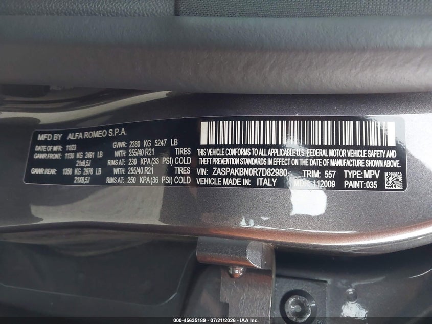 2024 Alfa Romeo Stelvio Ti Awd VIN: ZASPAKBN0R7D82980 Lot: 45635189