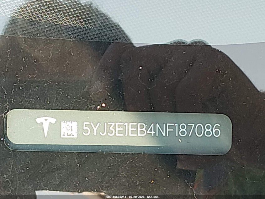 2022 Tesla Model 3 Long Range Dual Motor All-Wheel Drive VIN: 5YJ3E1EB4NF187086 Lot: 45635211