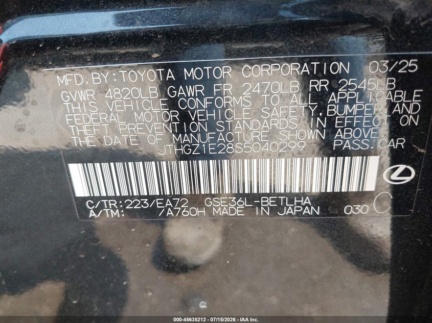 2025 Lexus Is 350 F Sport VIN: JTHGZ1E28S5040299 Lot: 45635212