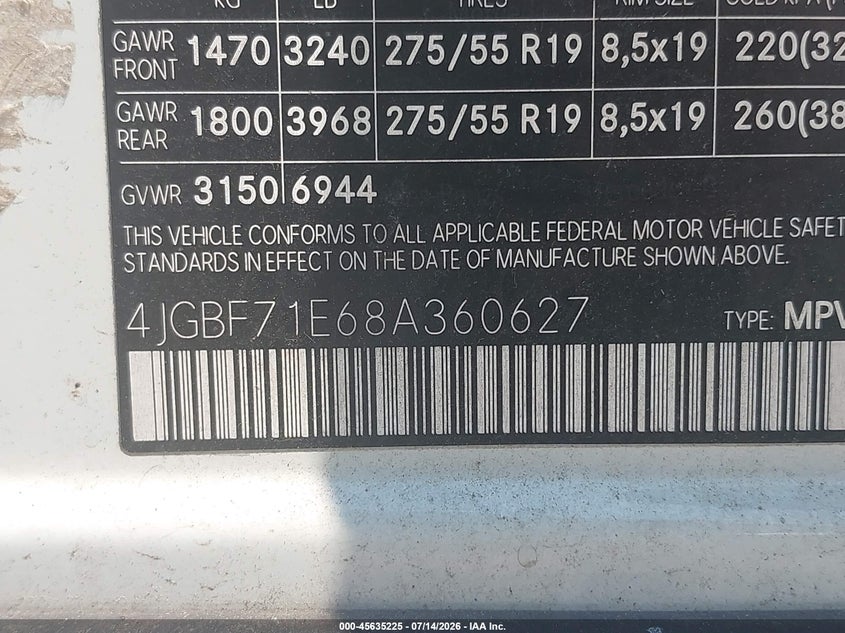2008 Mercedes-Benz Gl-Class 4.6L VIN: 4JGBF71E68A360627 Lot: 45635225