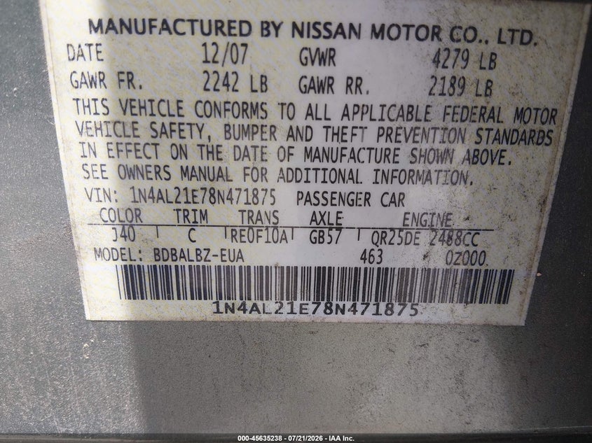 2008 Nissan Altima 2.5 Sl VIN: 1N4AL21E78N471875 Lot: 45635238
