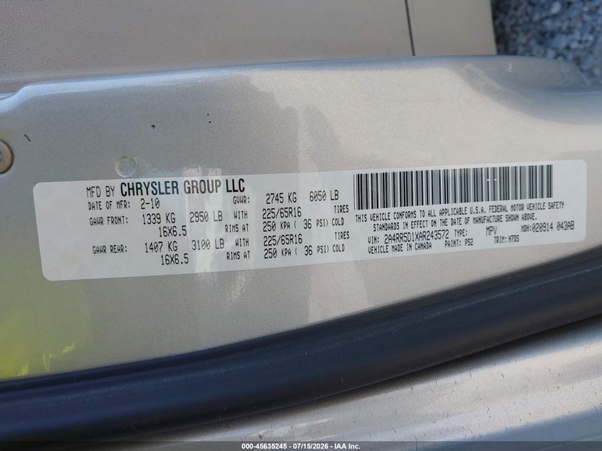 2010 Chrysler Town & Country Touring VIN: 2A4RR5D1XAR243572 Lot: 45635245