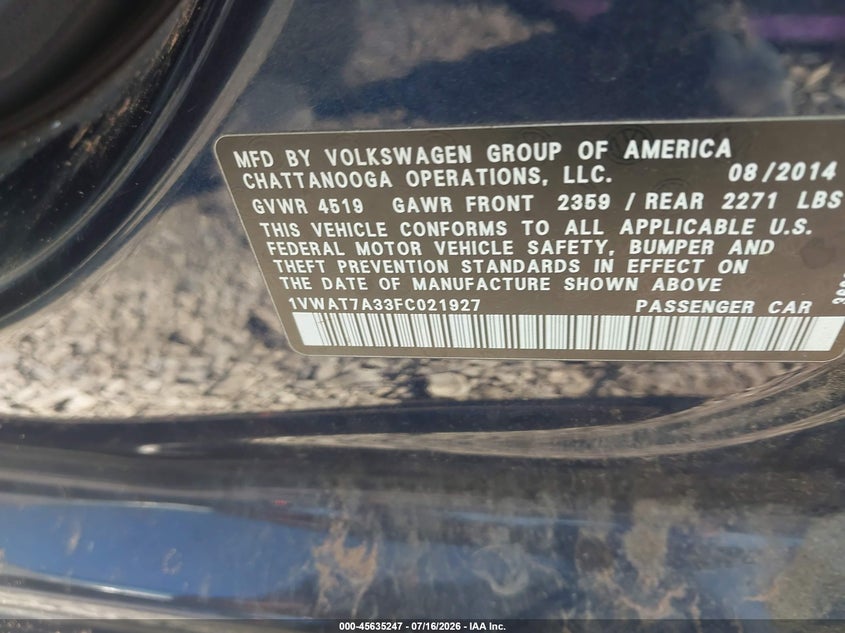 2015 Volkswagen Passat 1.8T Wolfsburg Edition VIN: 1VWAT7A33FC021927 Lot: 45635247