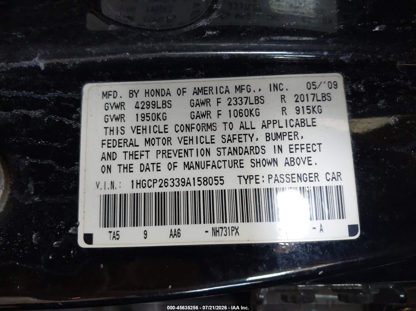 2009 Honda Accord 2.4 Lx VIN: 1HGCP26339A158055 Lot: 45635256