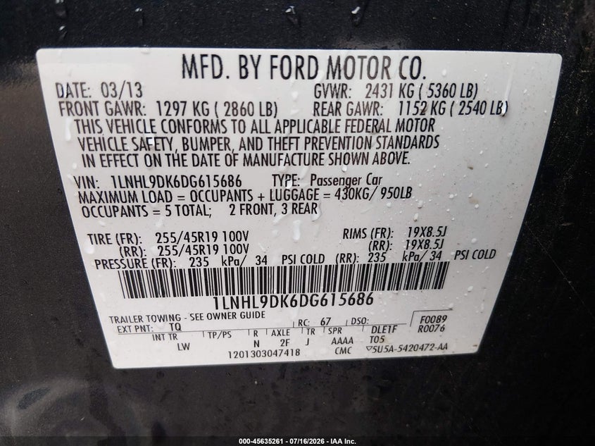 2013 Lincoln Mks VIN: 1LNHL9DK6DG615686 Lot: 45635261