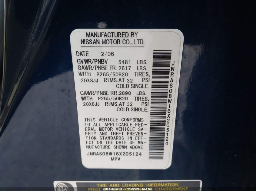 2006 Infiniti Fx35 VIN: JNRAS08W16X205124 Lot: 45635268