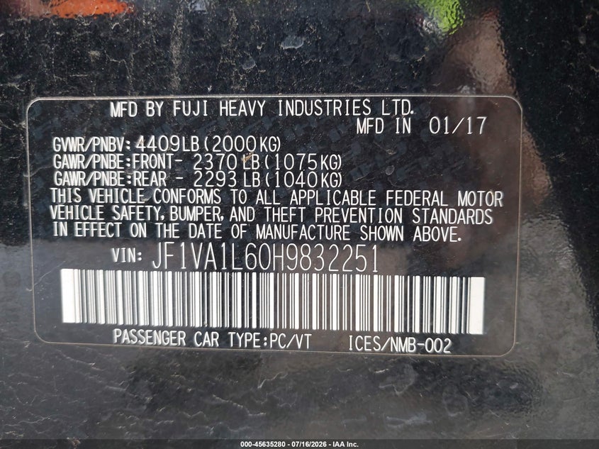 2017 Subaru Wrx Limited VIN: JF1VA1L60H9832251 Lot: 45635280