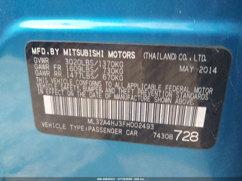 2015 Mitsubishi Mirage Es/Rf VIN: ML32A4HJ3FH002493 Lot: 45635331