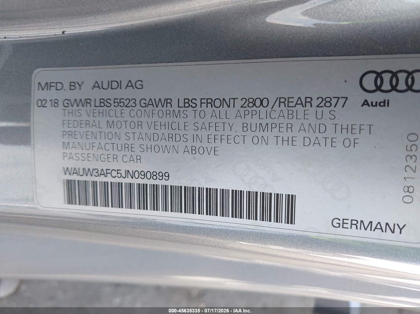 2018 Audi A7 3.0T Premium Plus VIN: WAUW3AFC5JN090899 Lot: 45635335
